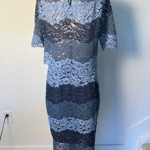 Sandro Paris 2 Piece Lace Set Blue Floral Crop Top Midi Pencil Skirt scallop Hem